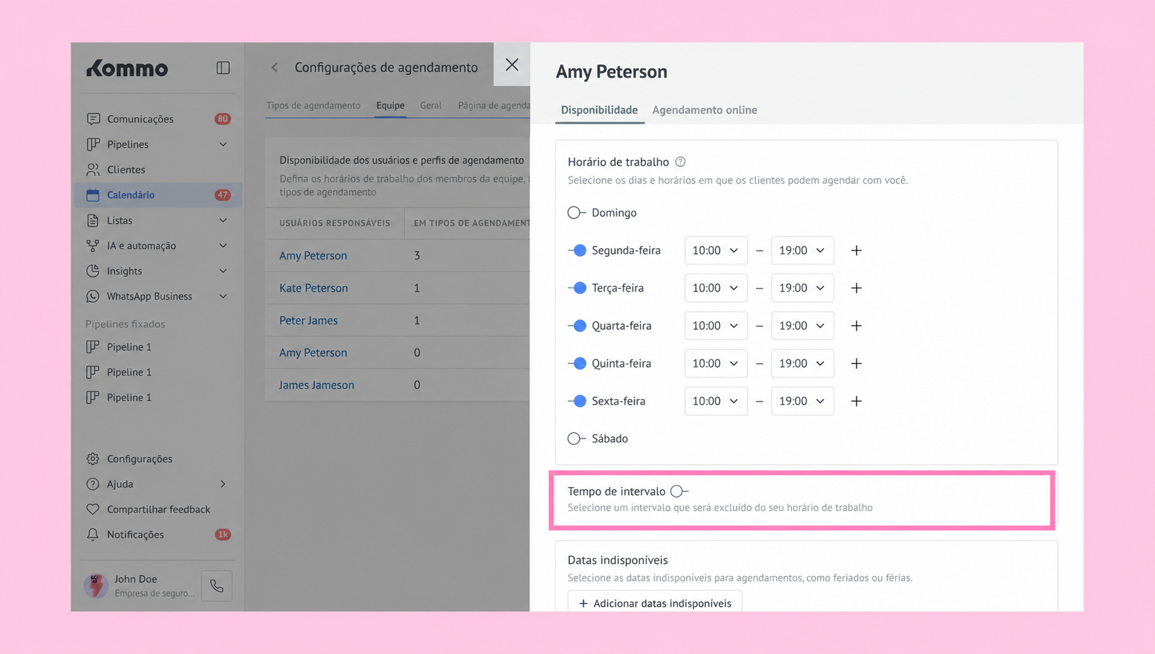 Settings for user availability and scheduling options for Amy Peterson in the application.